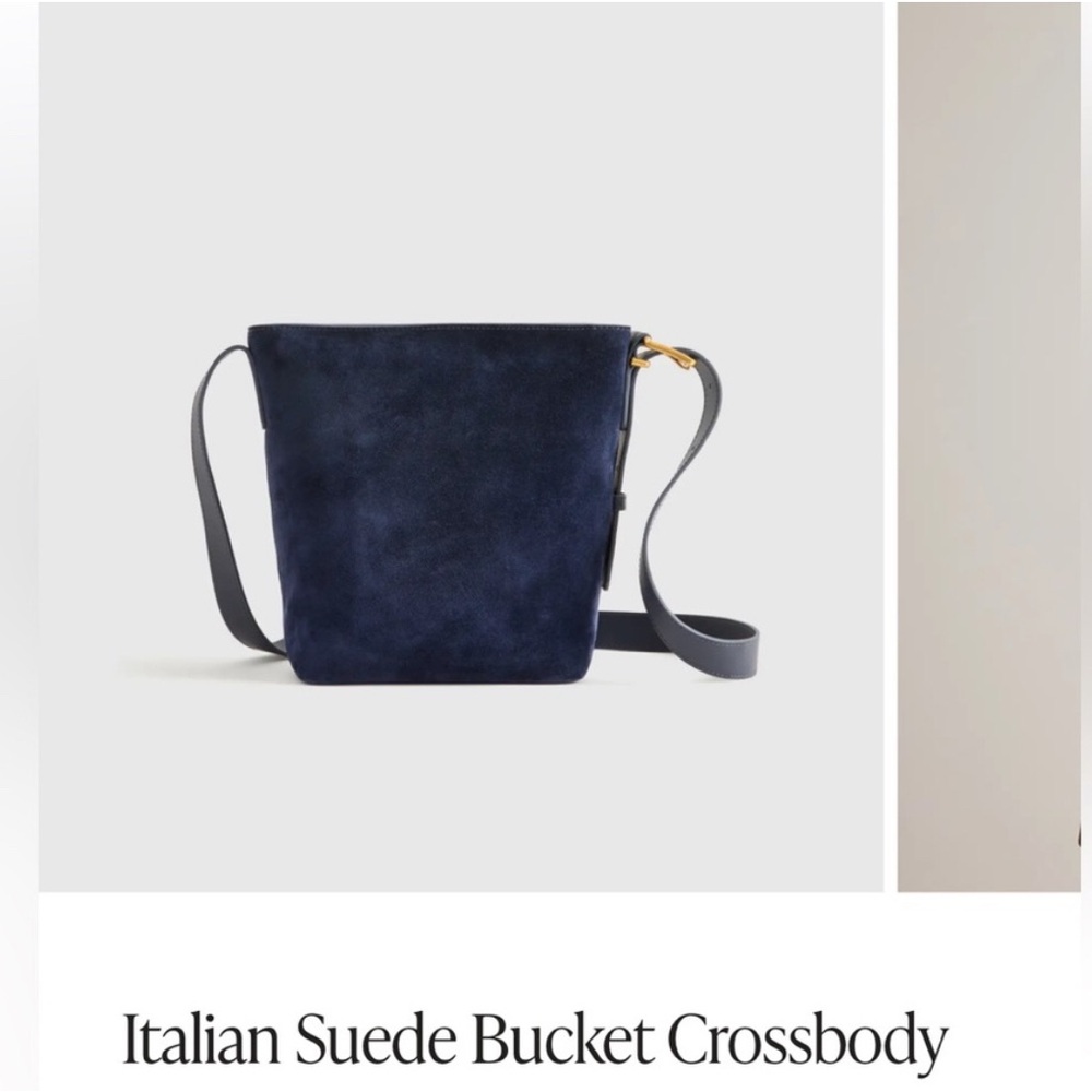 Quince Italian Suede Bucket Crossbody Bag, Navy/gold - Excellent Condition